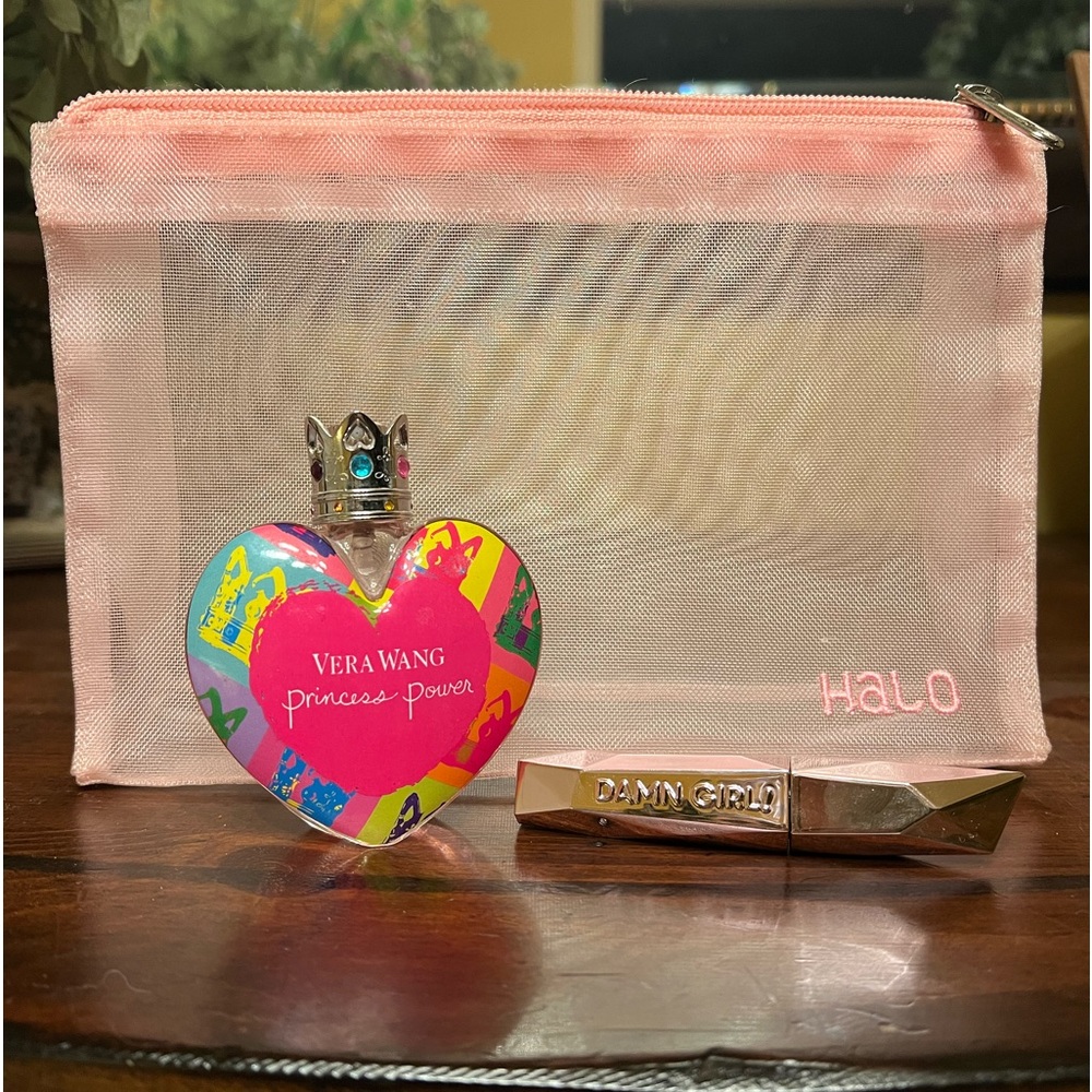Princess Power fragrance 1.7 oz Vera Wang. Too Faced Damn Girl mascara.Halo bag.